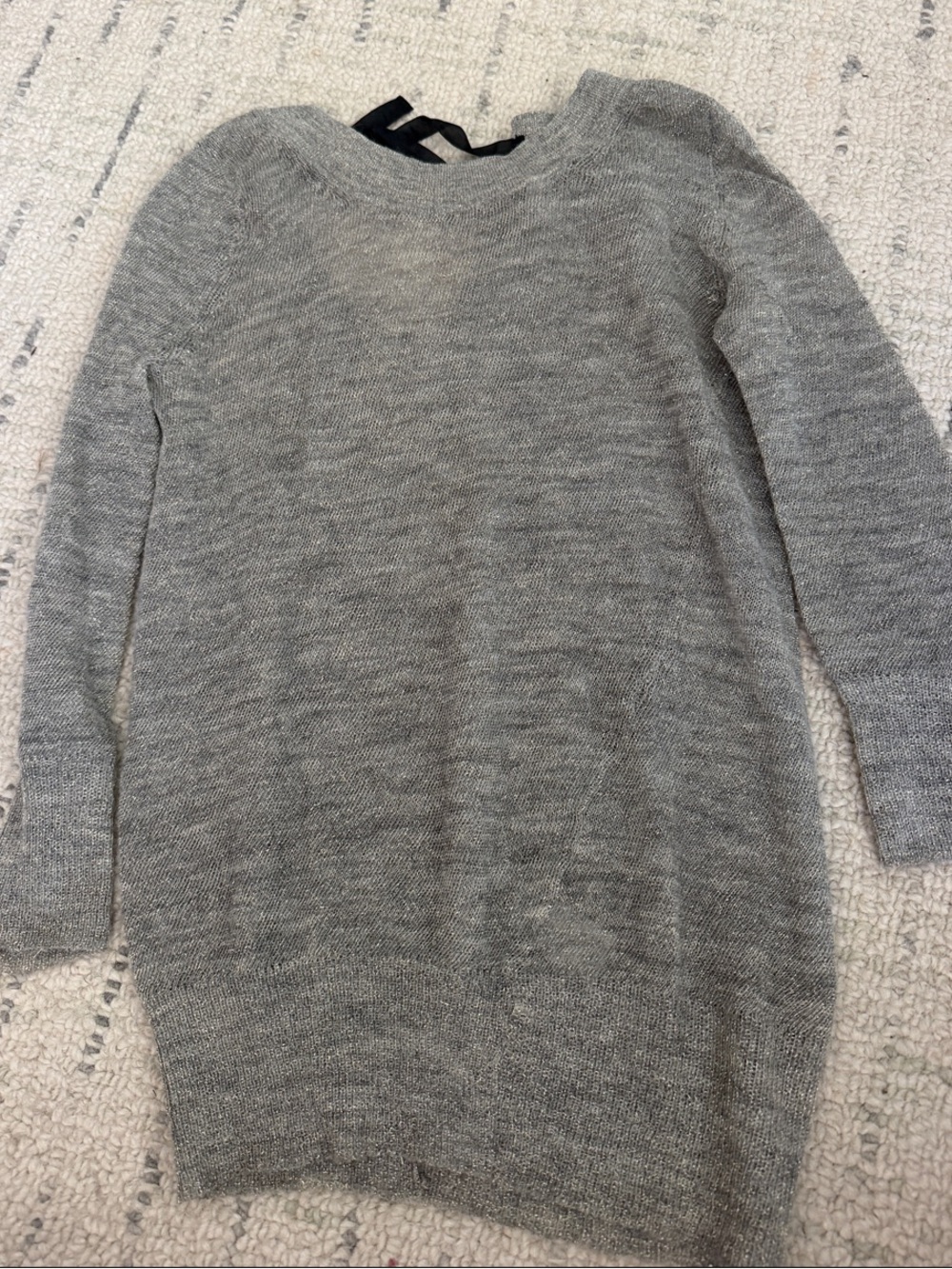 J. Crew Heather metallic Gray Crewneck Sweater with black ribbon tie at back